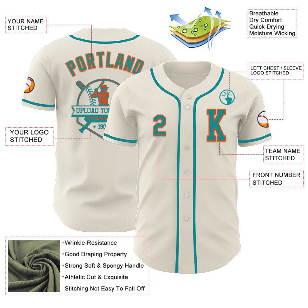 Custom Cream Teal-Orange Authentic Baseball Jersey view 6
