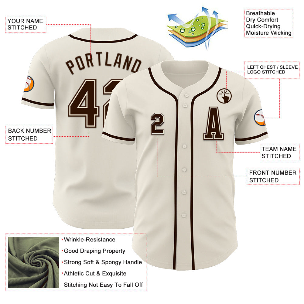 Custom Cream Brown Authentic Baseball Jersey view 2