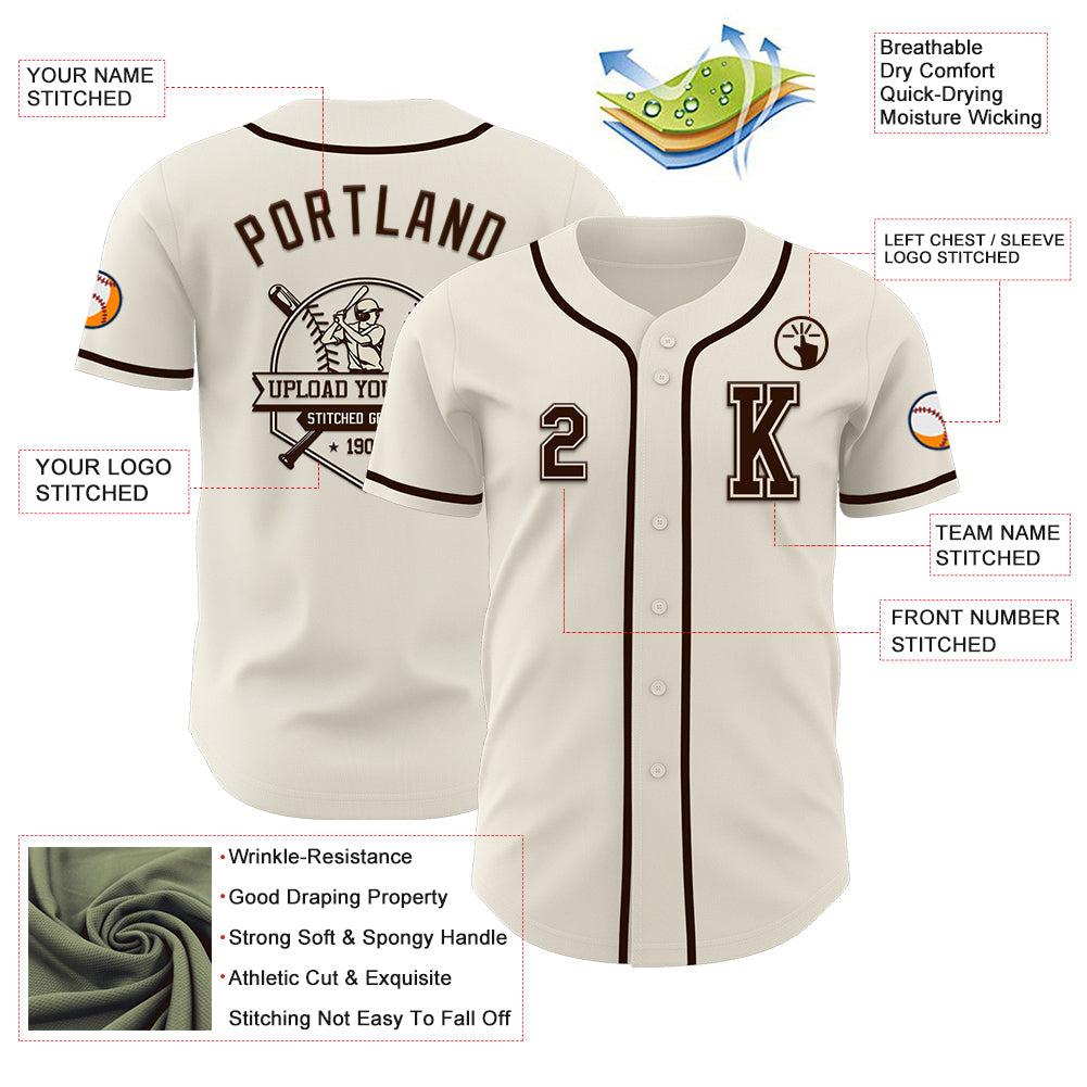 Custom Cream Brown Authentic Baseball Jersey view 6