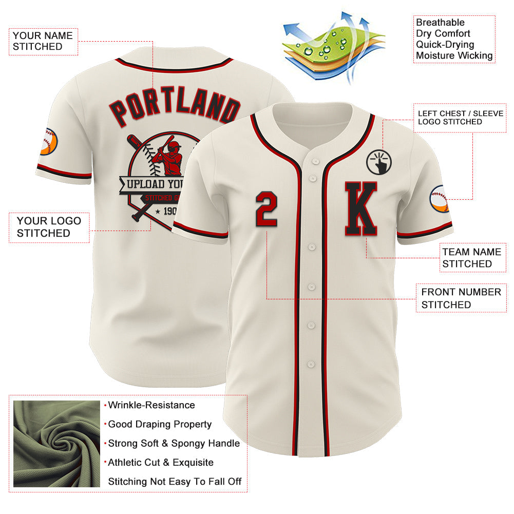 Custom Cream Red-Black Authentic Baseball Jersey view 6