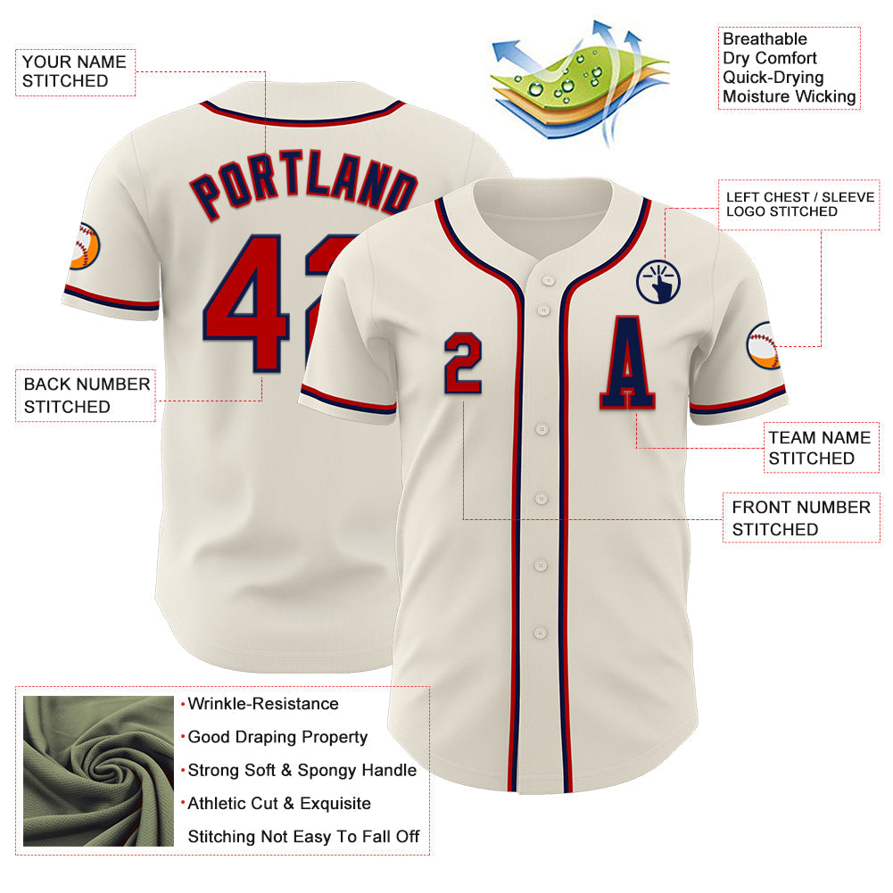 Custom Cream Red-Navy Authentic Baseball Jersey view 2