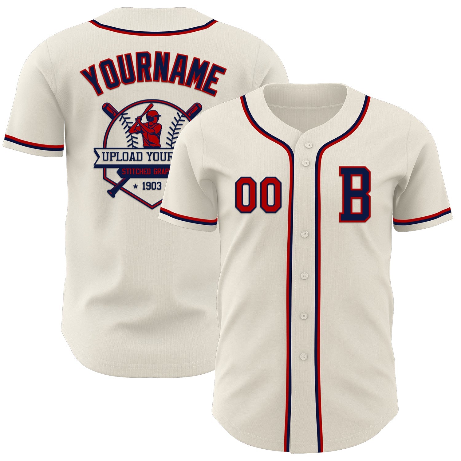 Custom Cream Red-Navy Authentic Baseball Jersey view 5