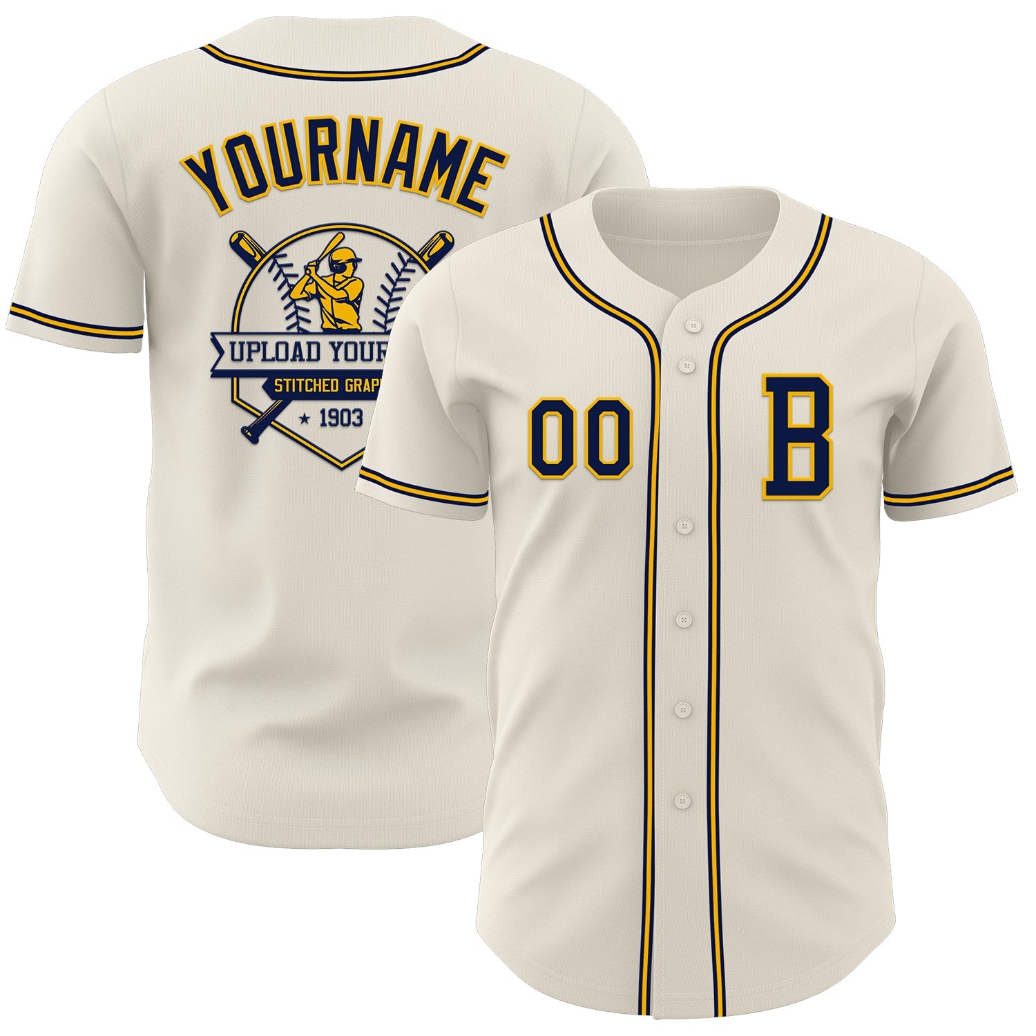 Custom Cream Navy-Gold Authentic Baseball Jersey view 5