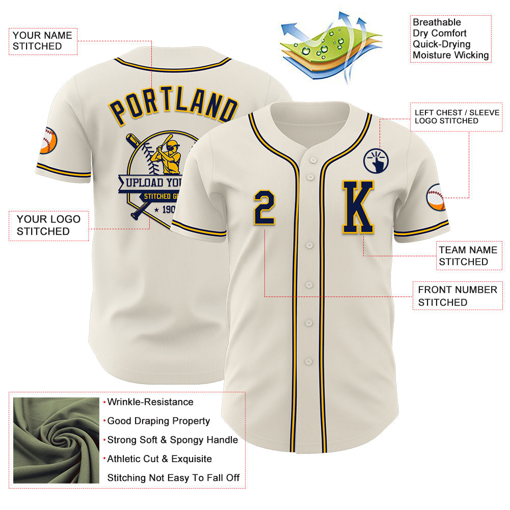 Custom Cream Navy-Gold Authentic Baseball Jersey view 6