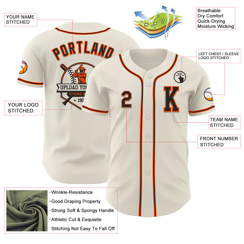 Custom Cream Black-Orange Authentic Baseball Jersey view 6