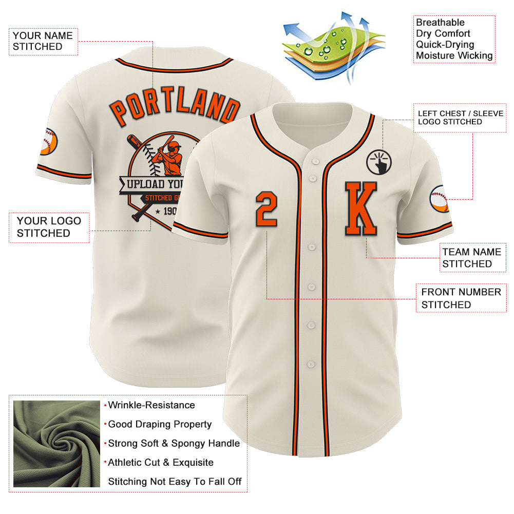 Custom Cream Orange=Black Authentic Baseball Jersey view 6