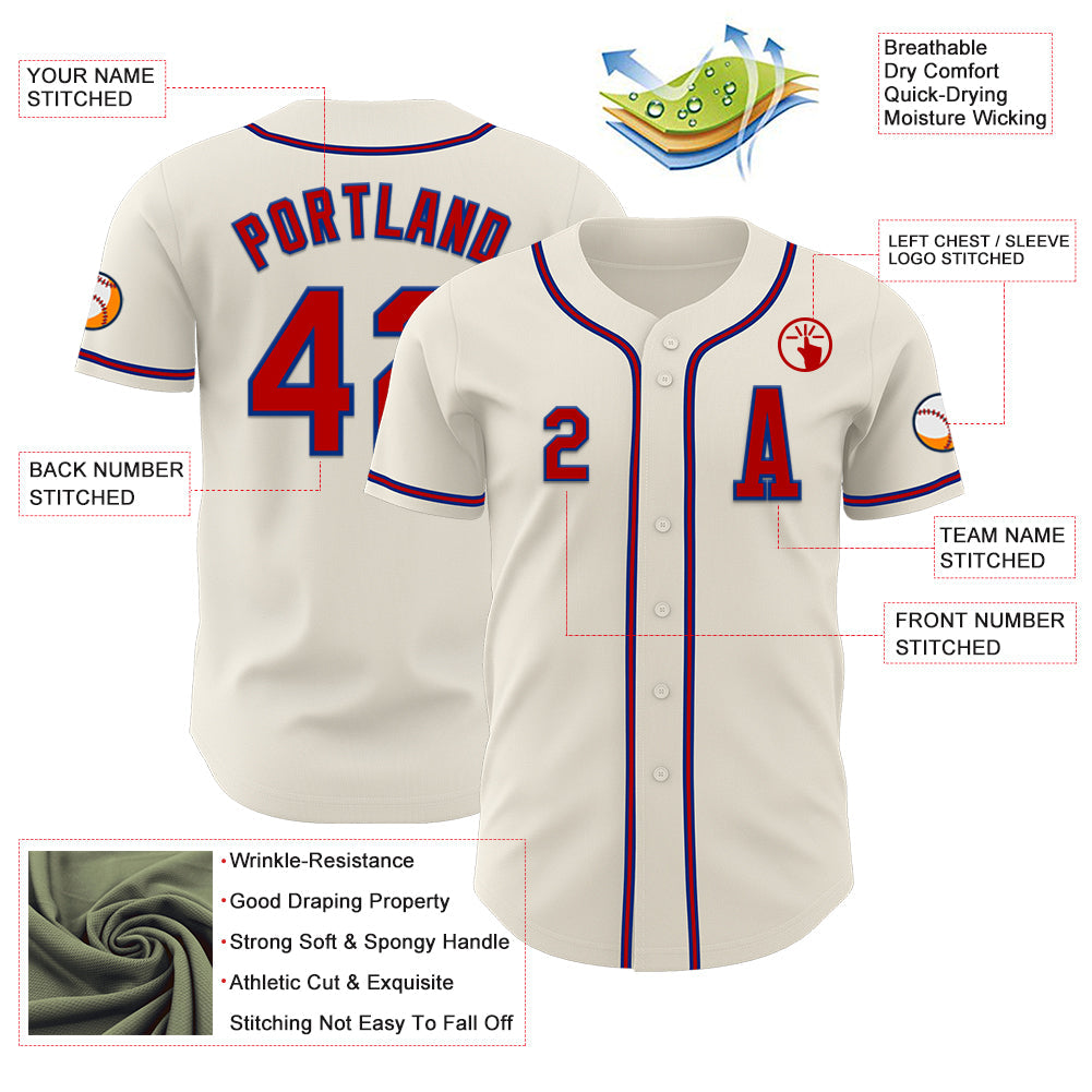 Custom Cream Red=Royal Authentic Baseball Jersey view 2