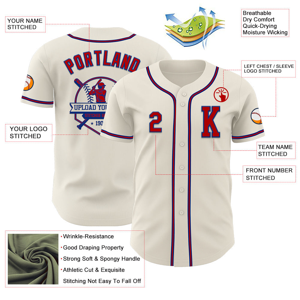 Custom Cream Red=Royal Authentic Baseball Jersey view 6