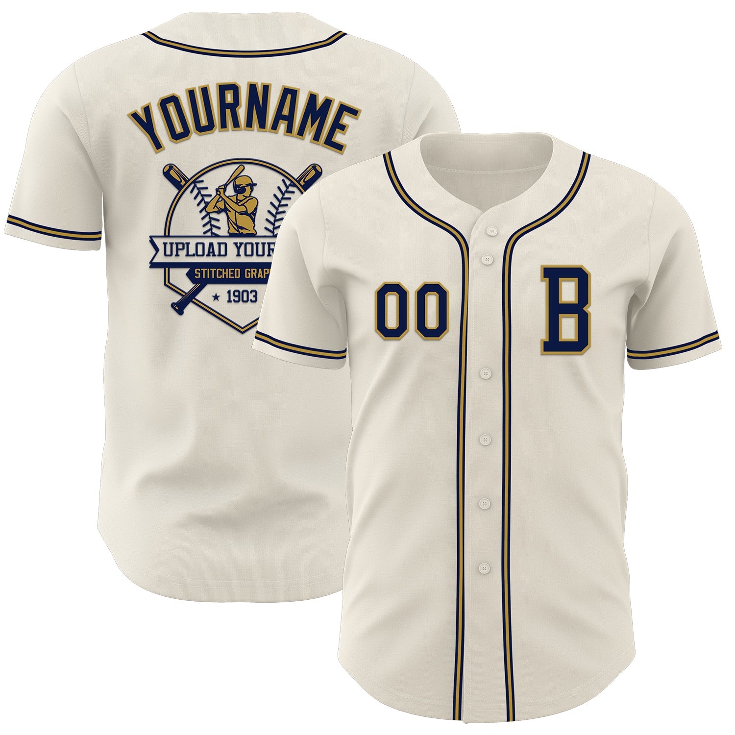 Custom Cream Navy-Old Gold Authentic Baseball Jersey view 5