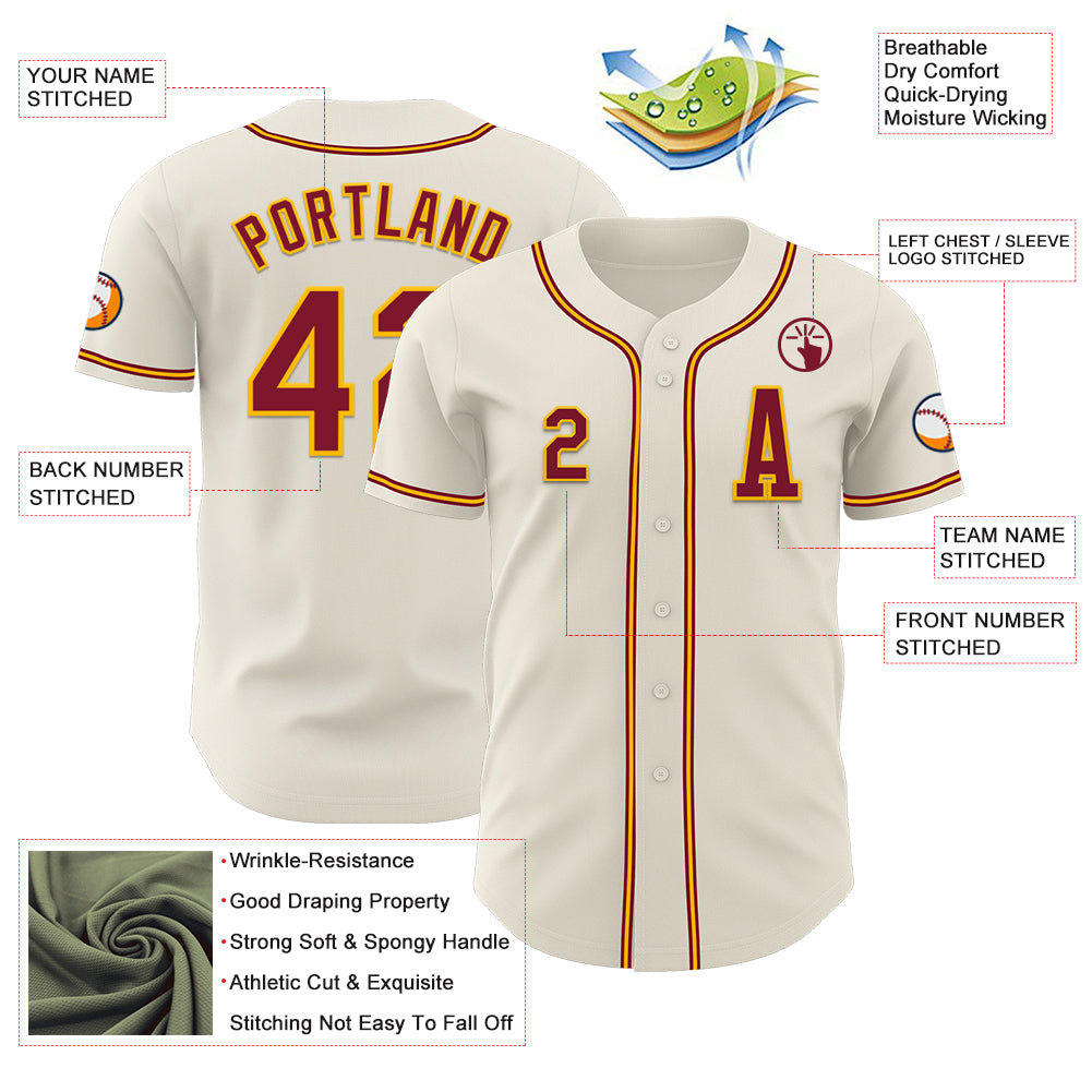 Custom Cream Crimson-Gold Authentic Baseball Jersey view 2