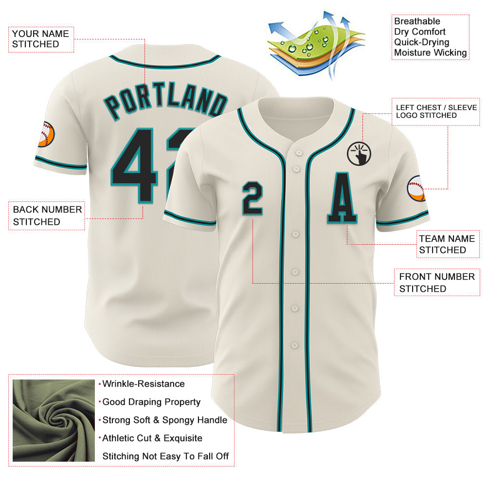 Custom Cream Black-Teal Authentic Baseball Jersey view 2