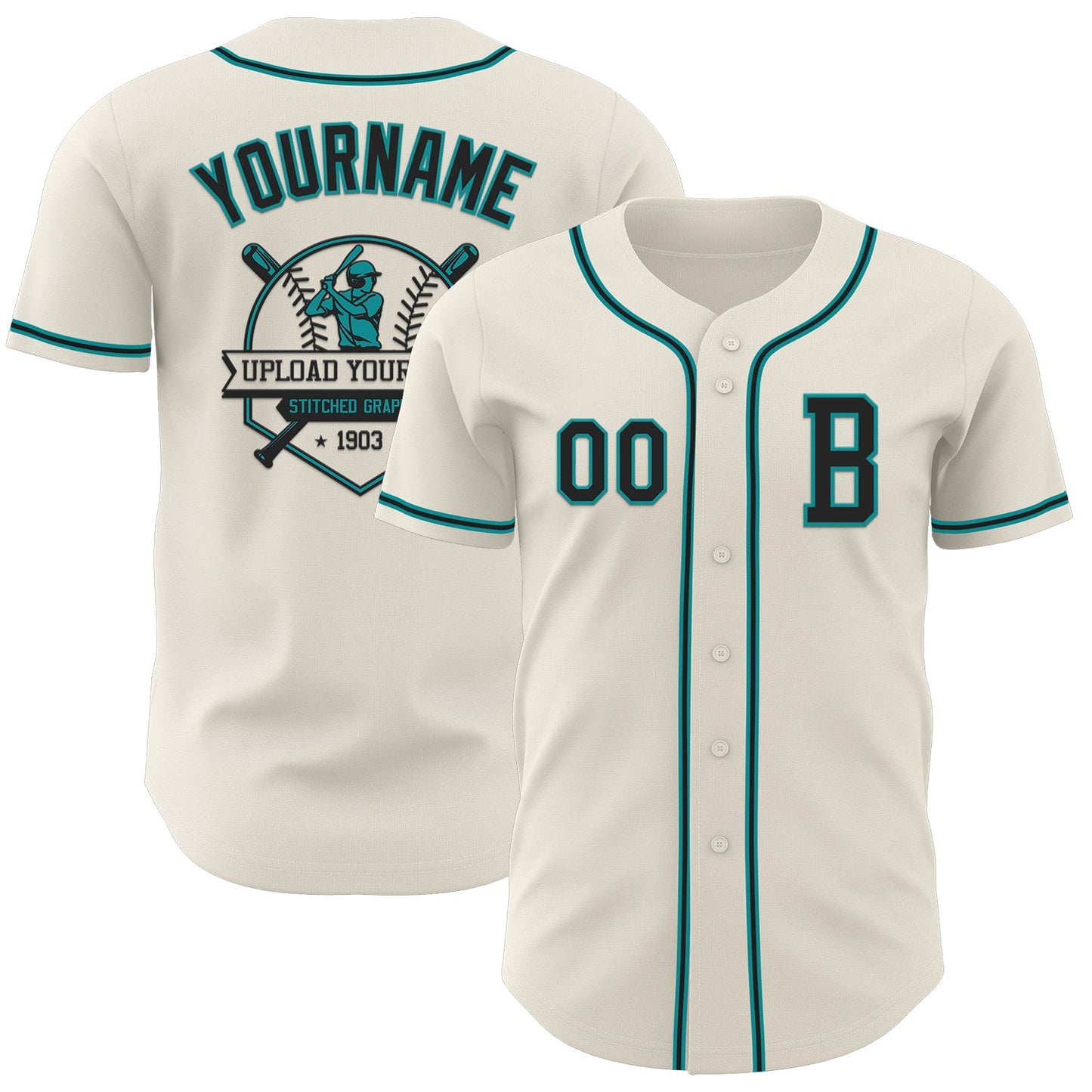 Custom Cream Black-Teal Authentic Baseball Jersey view 5