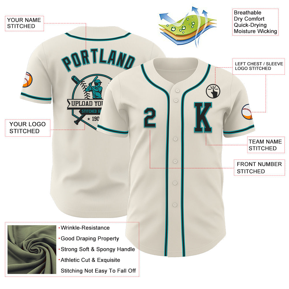 Custom Cream Black-Teal Authentic Baseball Jersey view 6