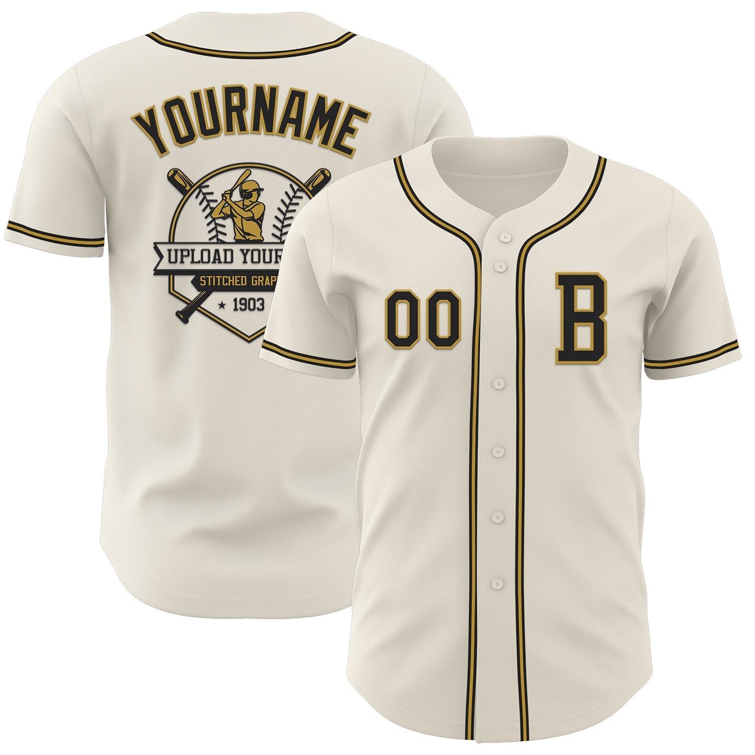 Custom Cream Black-Old Gold Authentic Baseball Jersey view 5