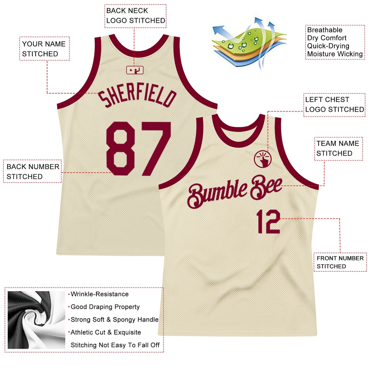 Custom Cream Maroon Authentic Throwback Basketball Jersey view 2