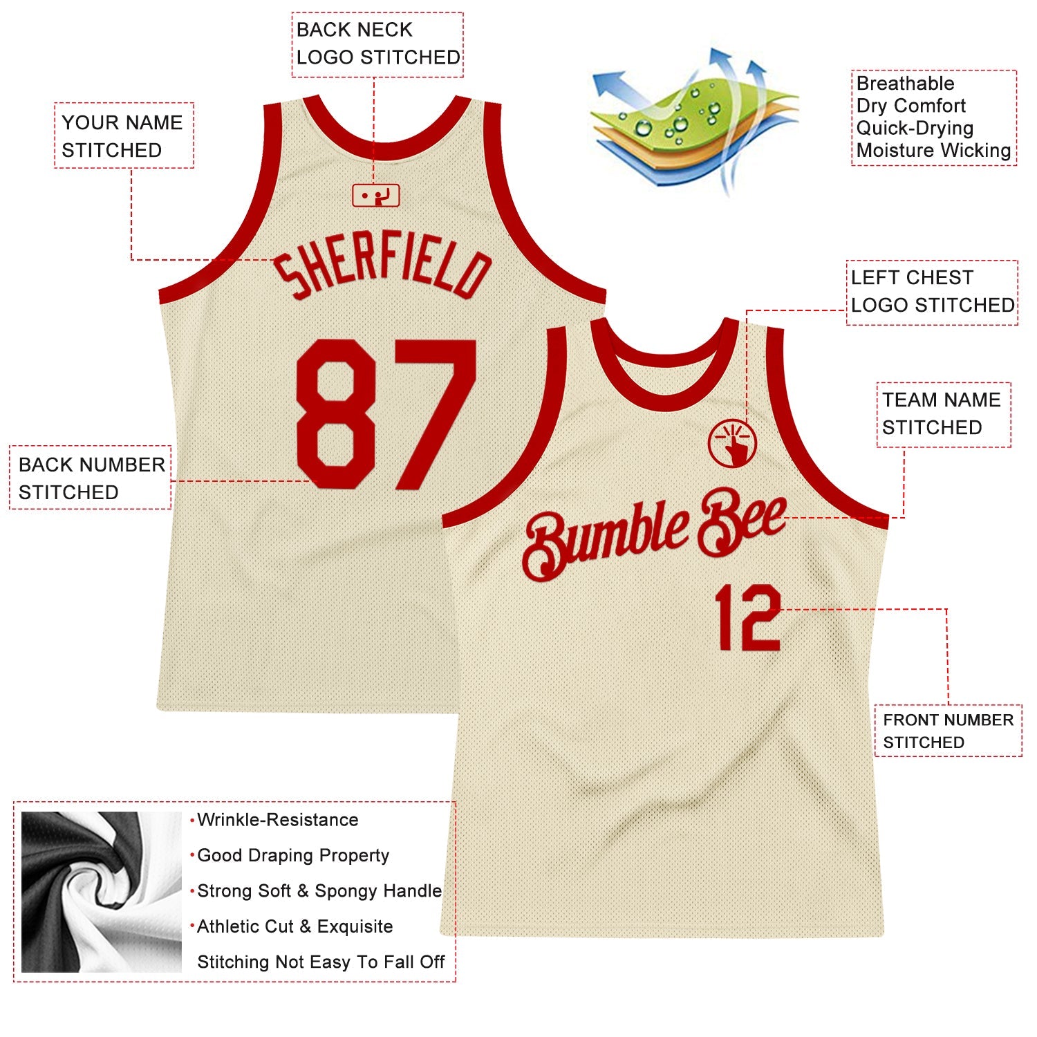 Custom Cream Red Authentic Throwback Basketball Jersey view 2