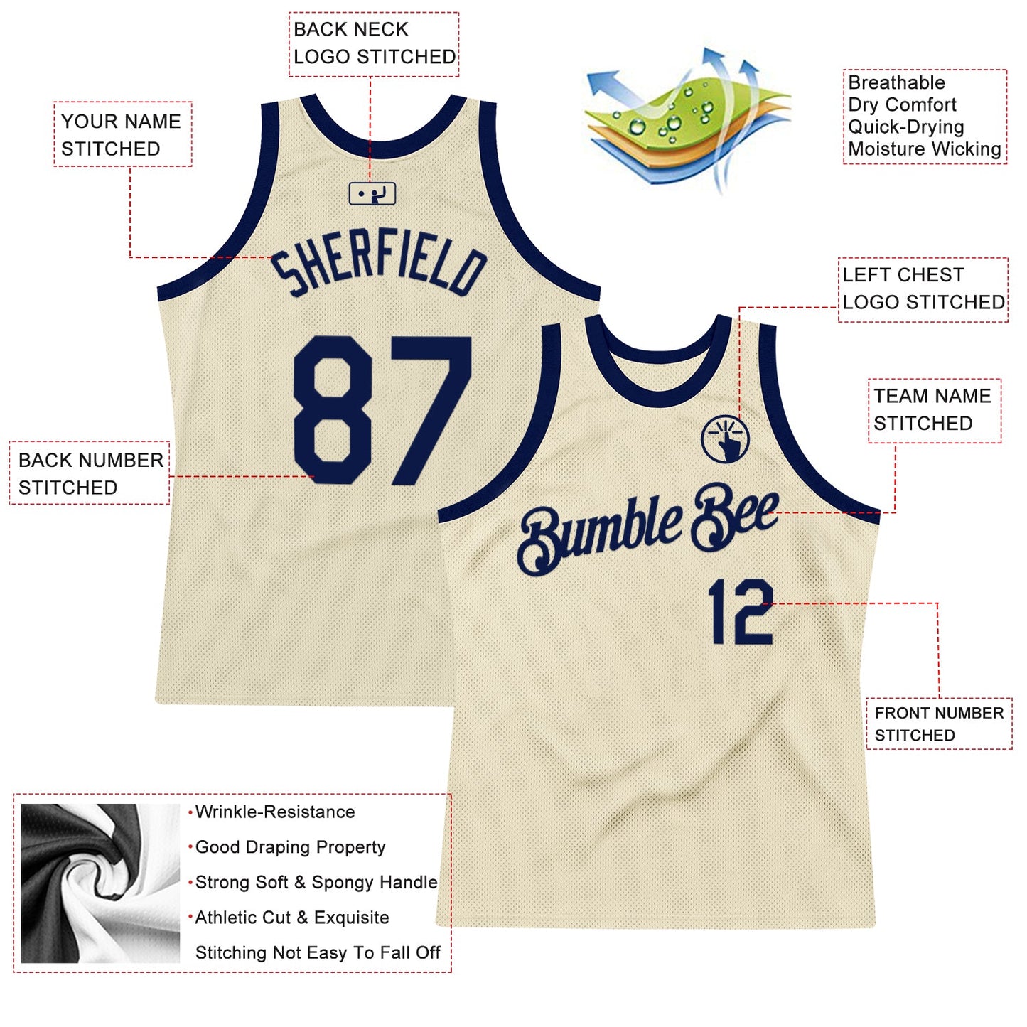 Custom Cream Navy Authentic Throwback Basketball Jersey view 2