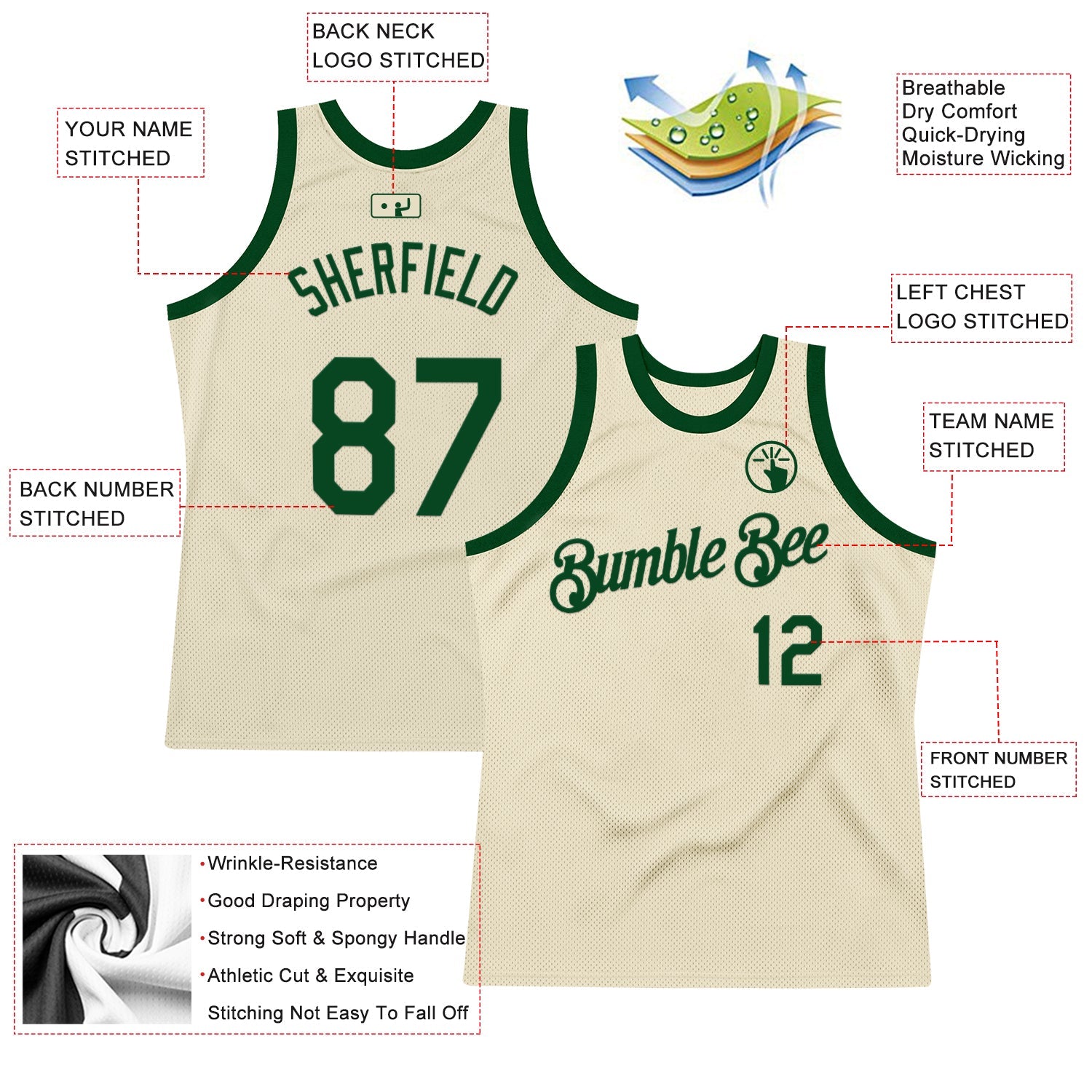 Custom Cream Green Authentic Throwback Basketball Jersey view 2
