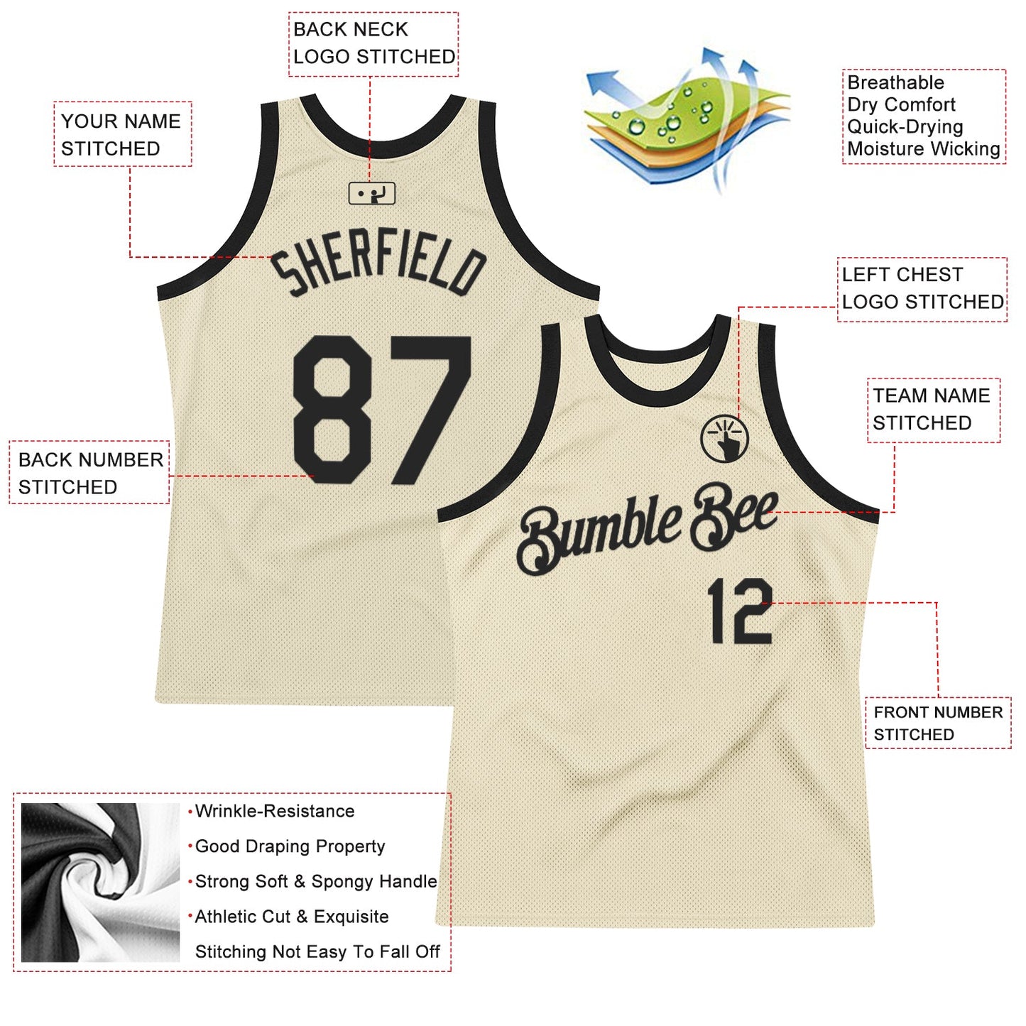 Custom Cream Black Authentic Throwback Basketball Jersey view 2