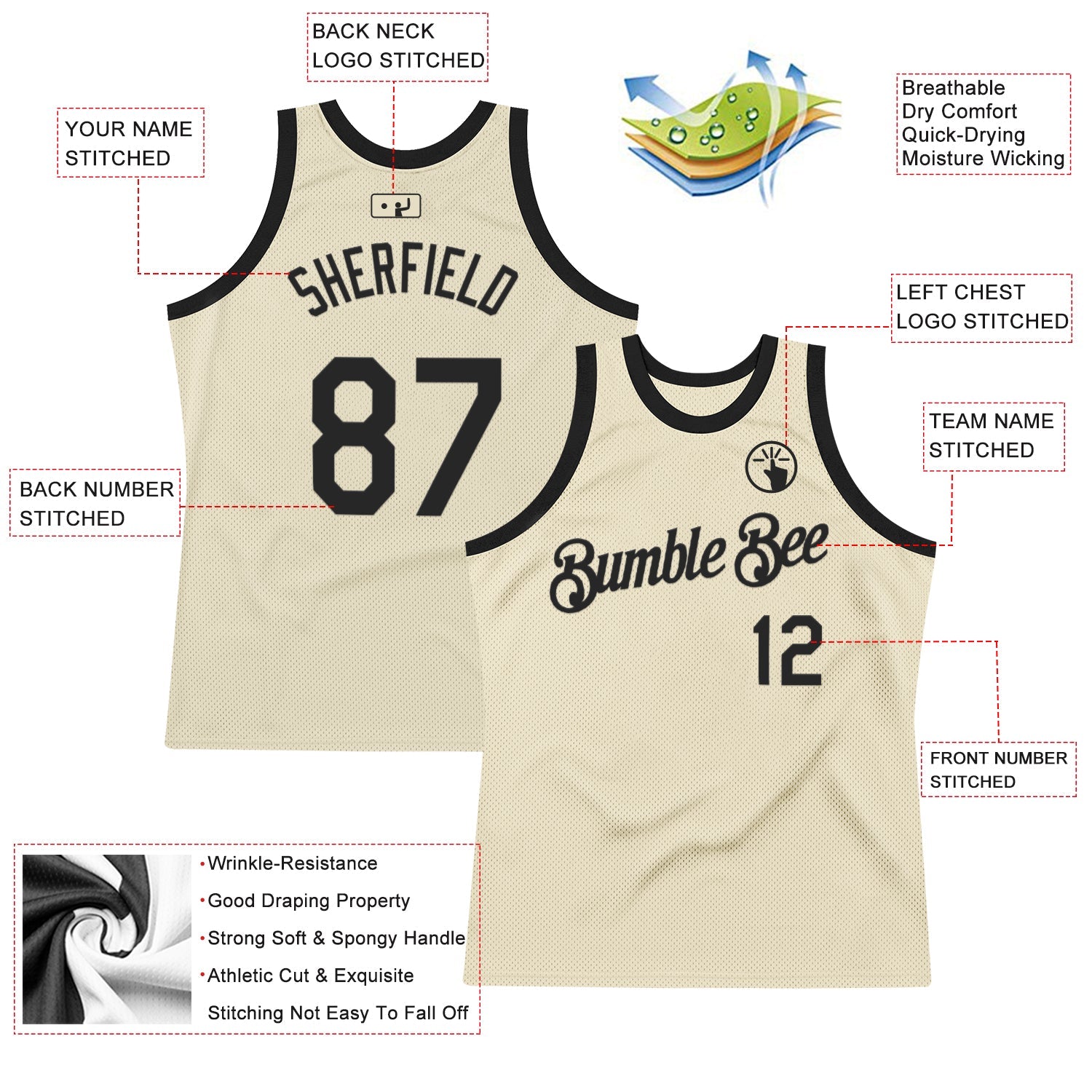 Custom Cream Black Authentic Throwback Basketball Jersey view 2