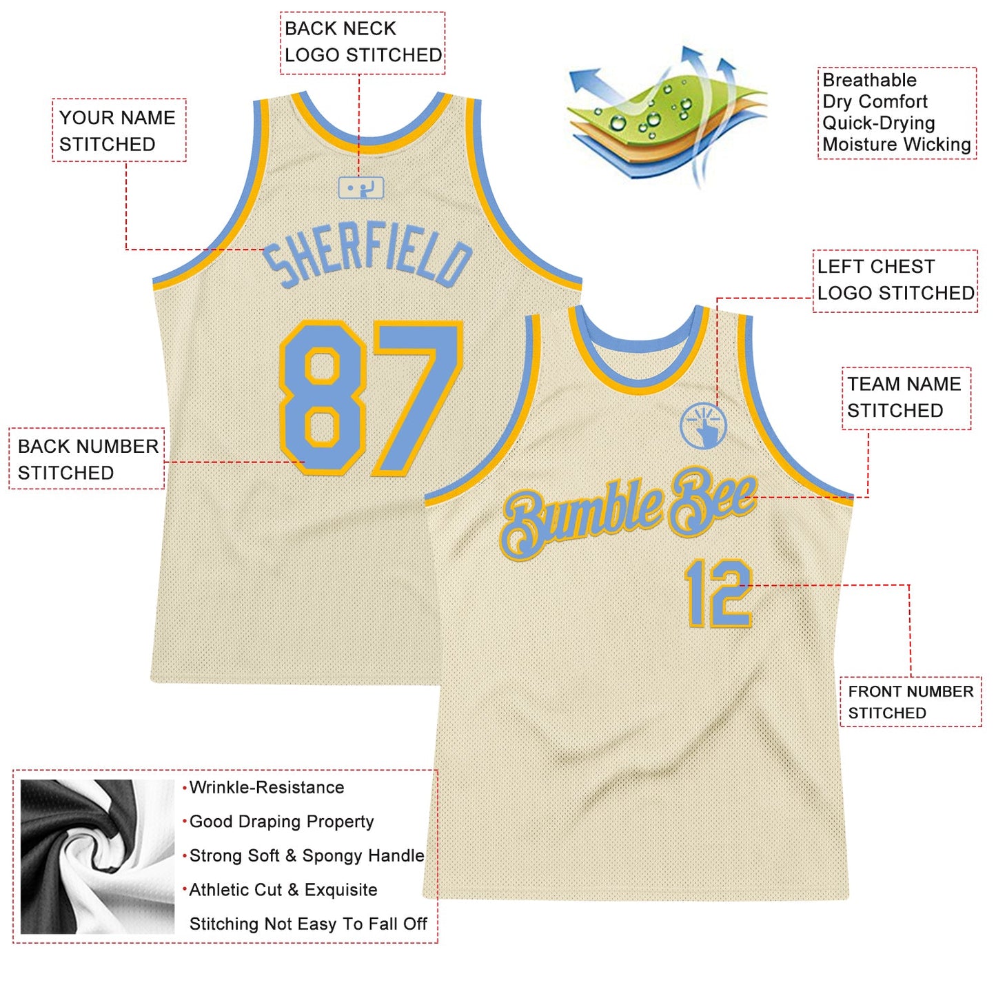 Custom Cream Light Blue-Gold Authentic Throwback Basketball Jersey view 2