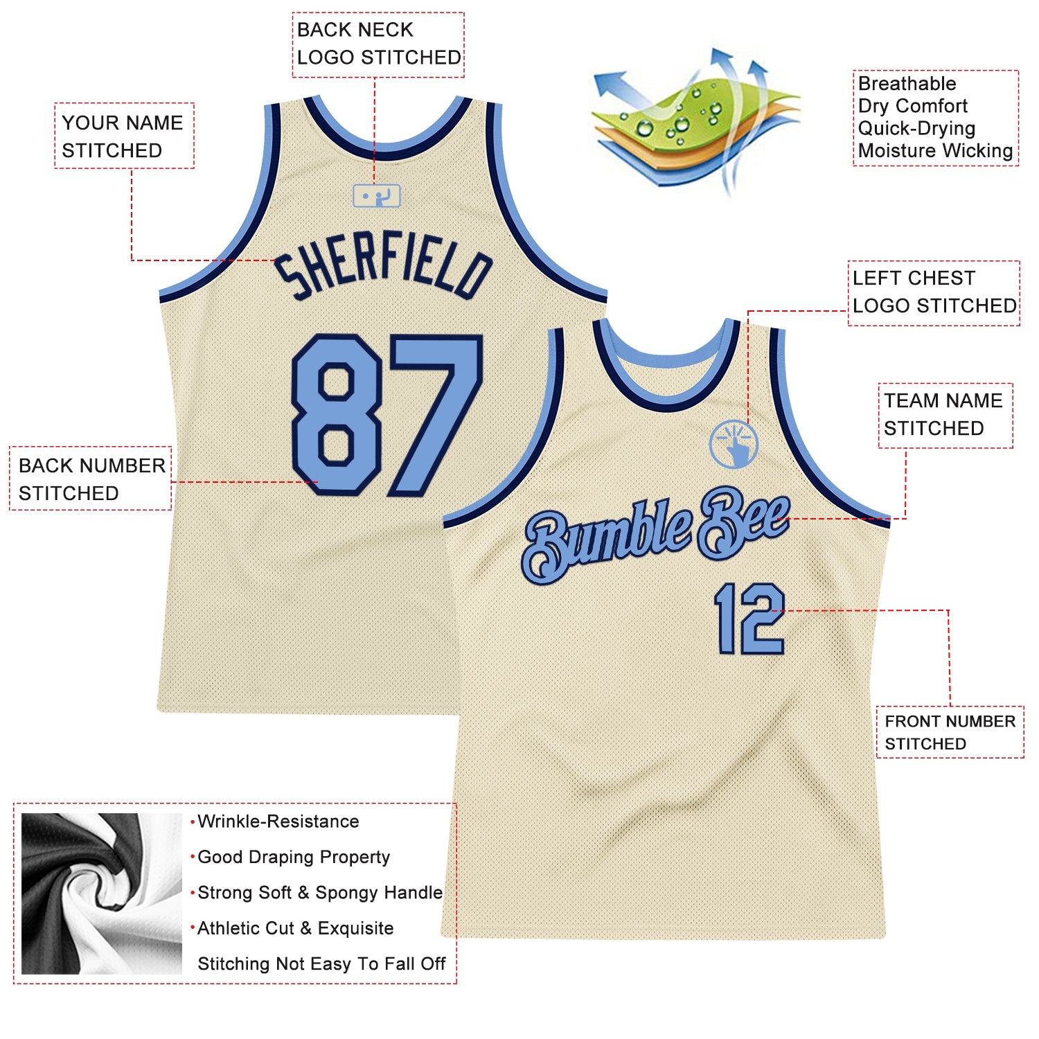 Custom Cream Light Blue-Navy Authentic Throwback Basketball Jersey view 2