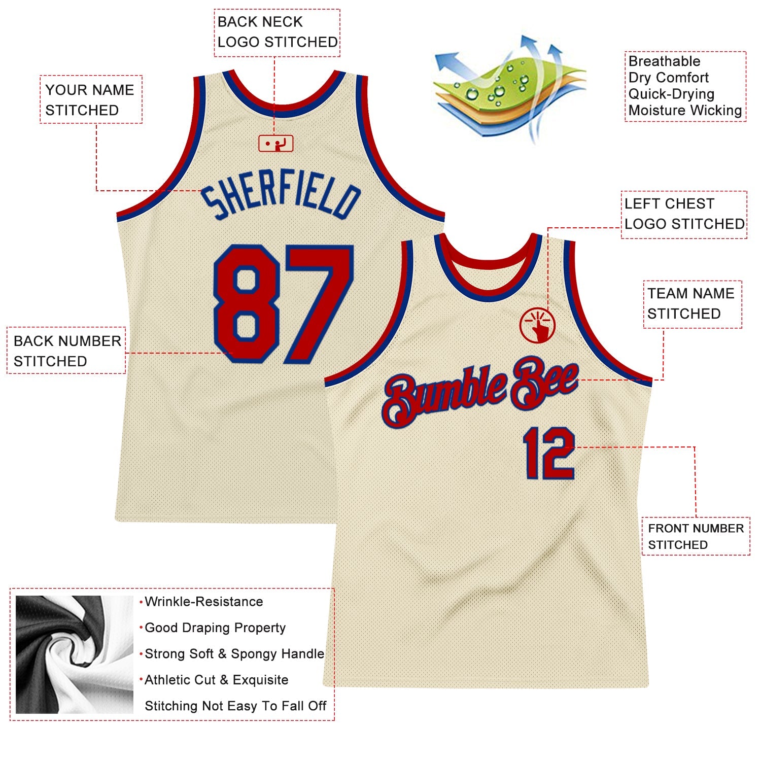 Custom Cream Red-Royal Authentic Throwback Basketball Jersey view 2