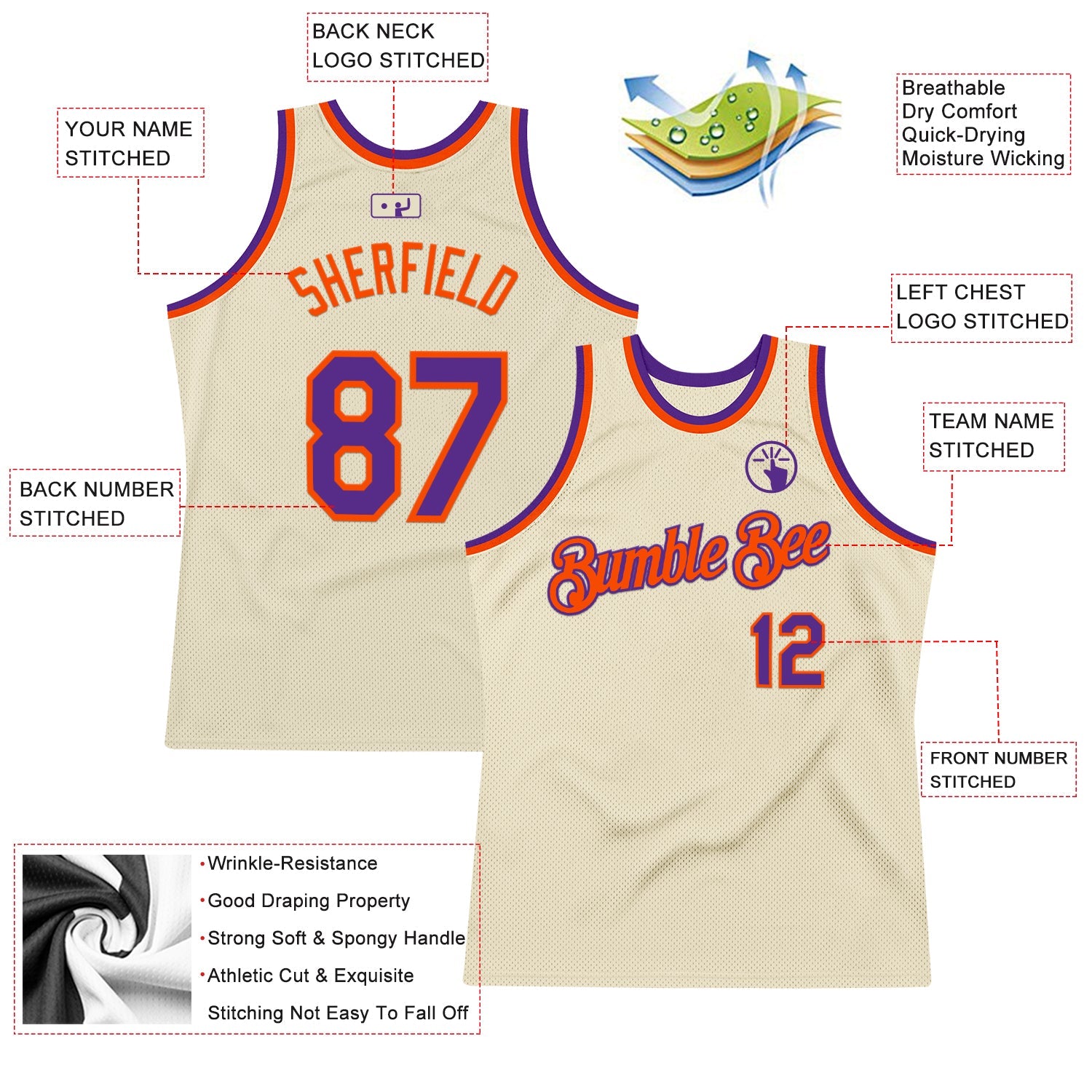 Custom Cream Purple-Orange Authentic Throwback Basketball Jersey view 2