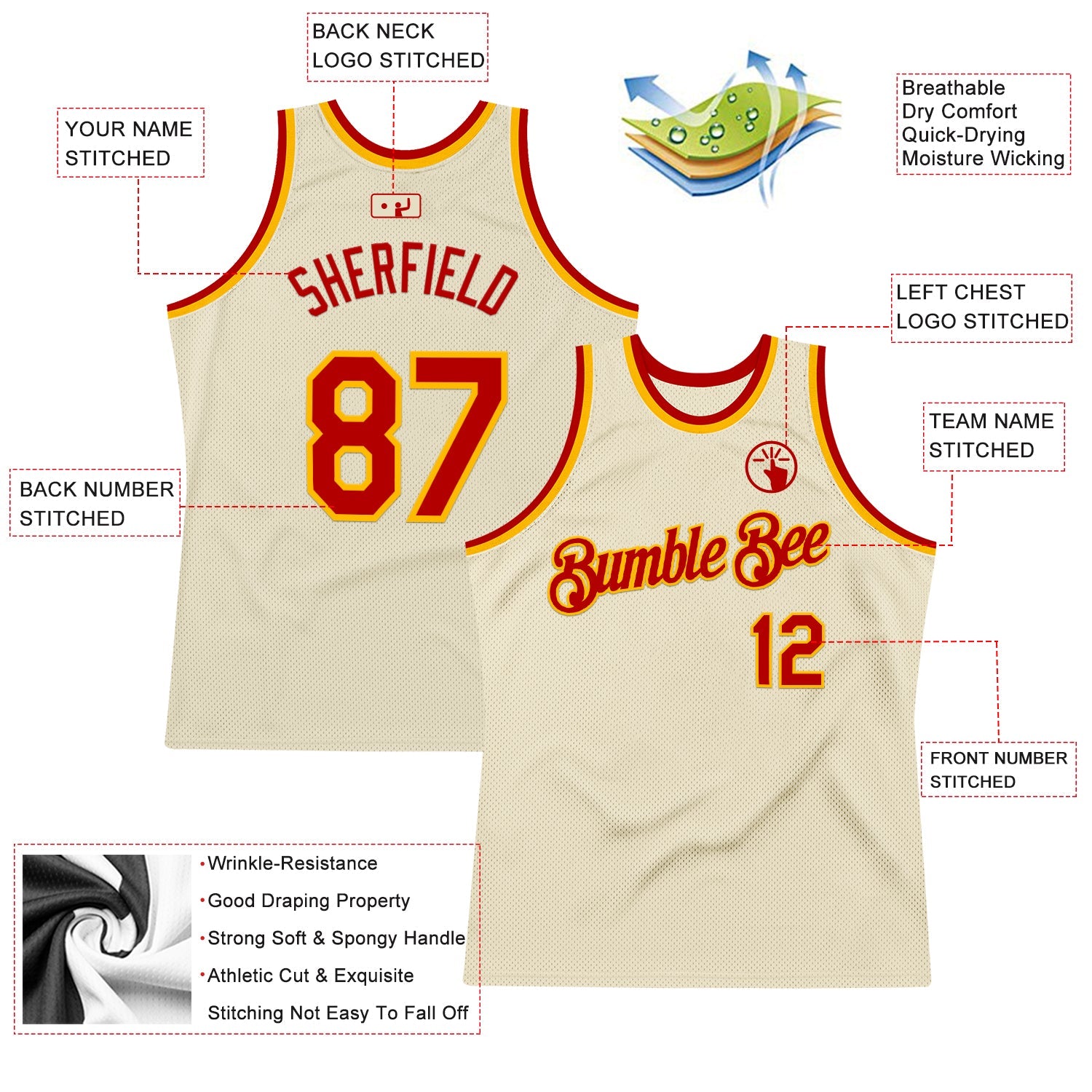 Custom Cream Red-Gold Authentic Throwback Basketball Jersey view 2