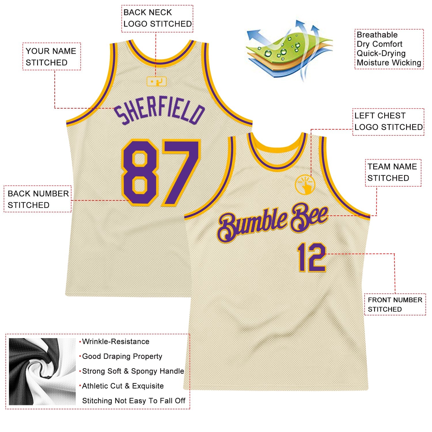 Custom Cream Purple-Gold Authentic Throwback Basketball Jersey view 2