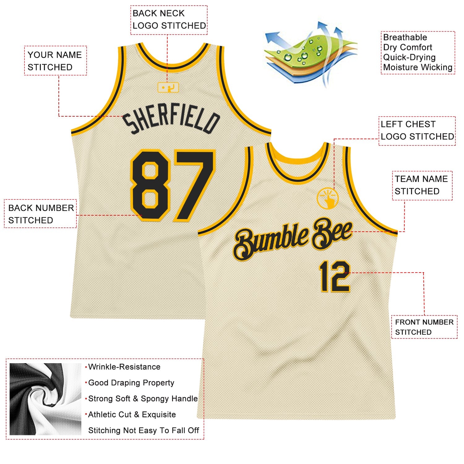 Custom Cream Black-Gold Authentic Throwback Basketball Jersey view 2