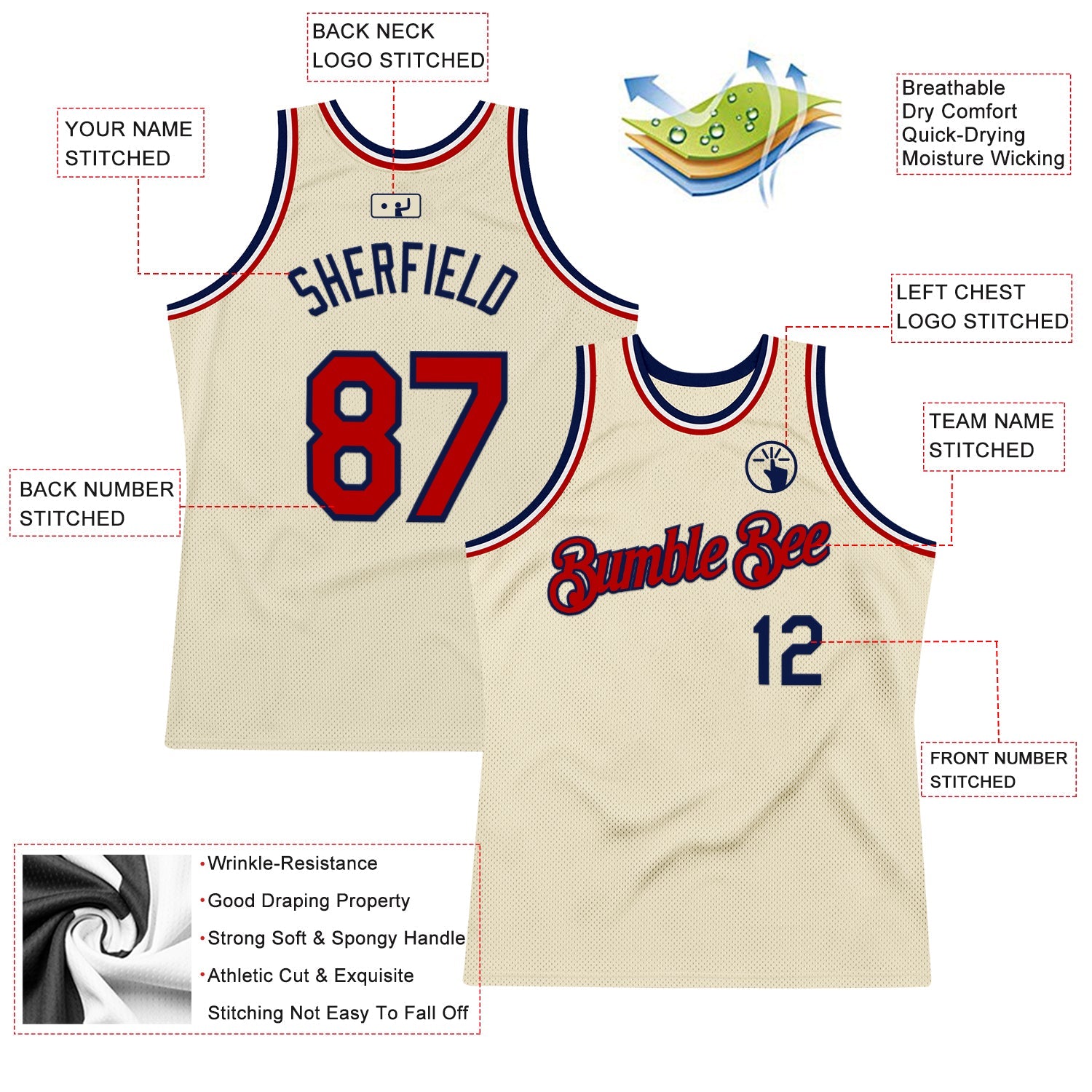 Custom Cream Red Navy-White Authentic Throwback Basketball Jersey view 2