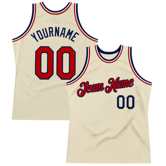 Custom Cream Red Navy-White Authentic Throwback Basketball Jersey - Main View