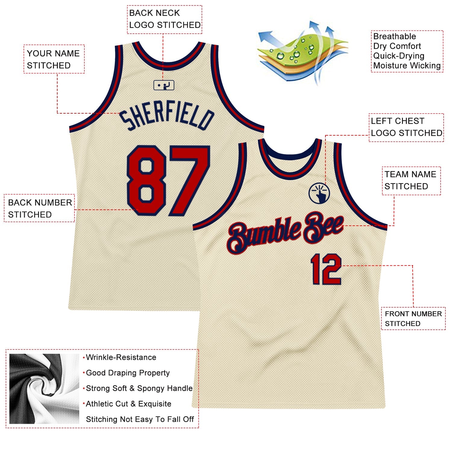 Custom Cream Red-Navy Authentic Throwback Basketball Jersey view 2
