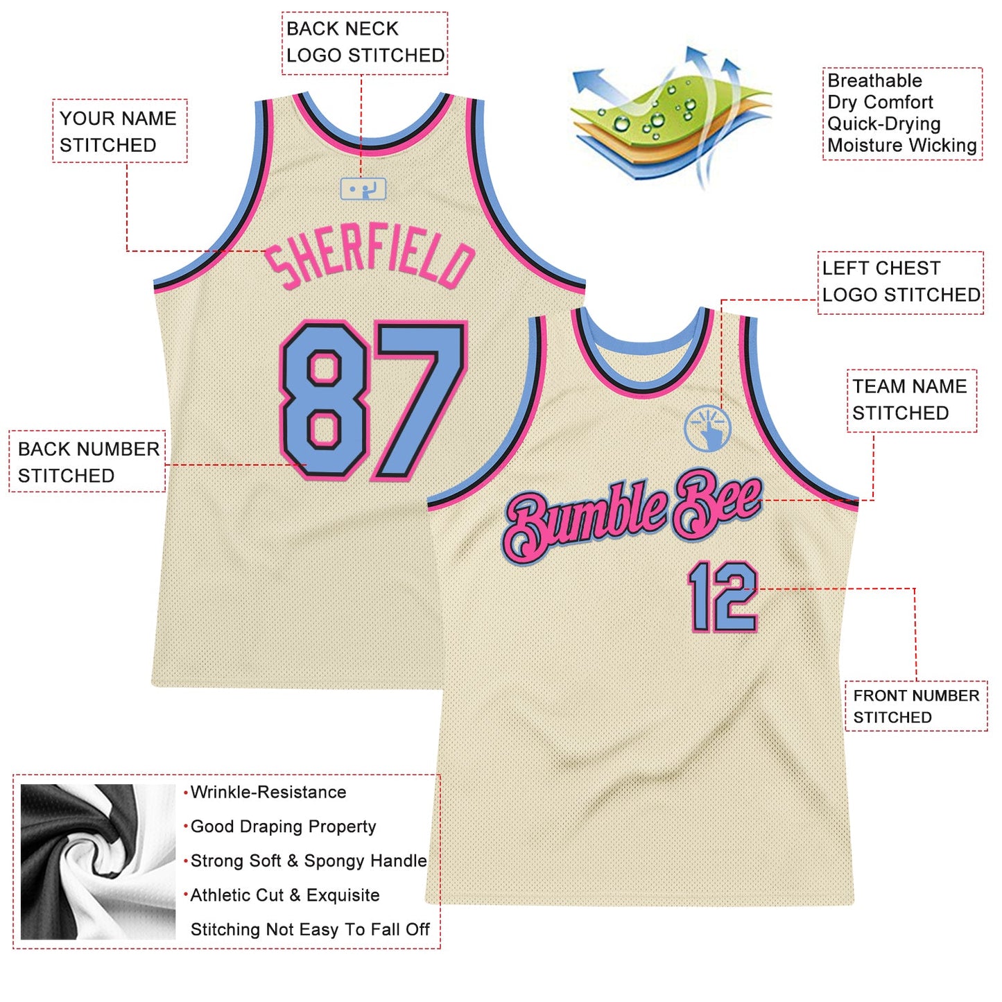 Custom Cream Light Blue Black-Pink Authentic Throwback Basketball Jersey view 2