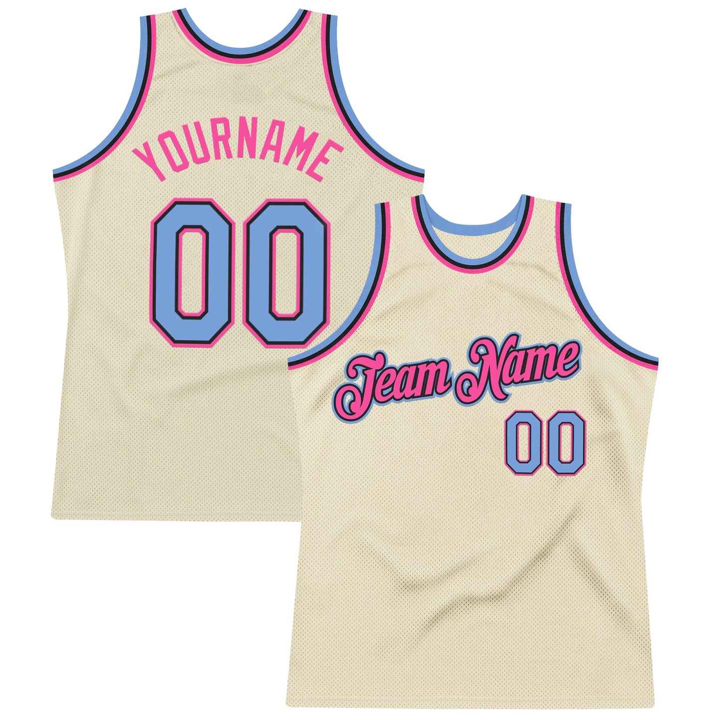 Custom Cream Light Blue Black-Pink Authentic Throwback Basketball Jersey - Main View