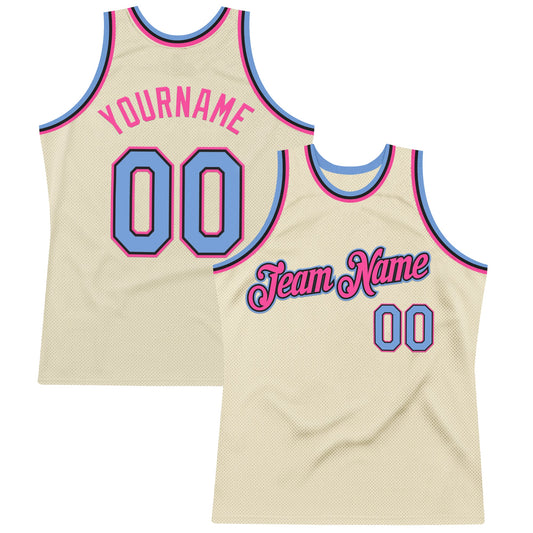 Custom Cream Light Blue Black-Pink Authentic Throwback Basketball Jersey - Main View