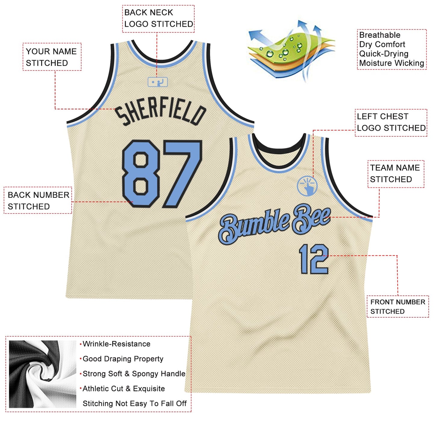 Custom Cream Light Blue Black-White Authentic Throwback Basketball Jersey view 2