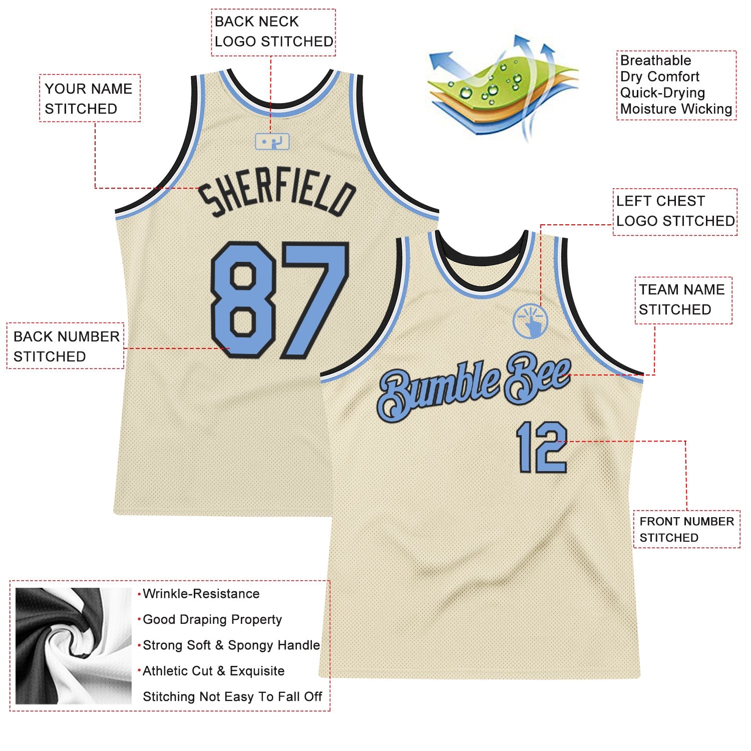 Custom Cream Light Blue Black-White Authentic Throwback Basketball Jersey view 2