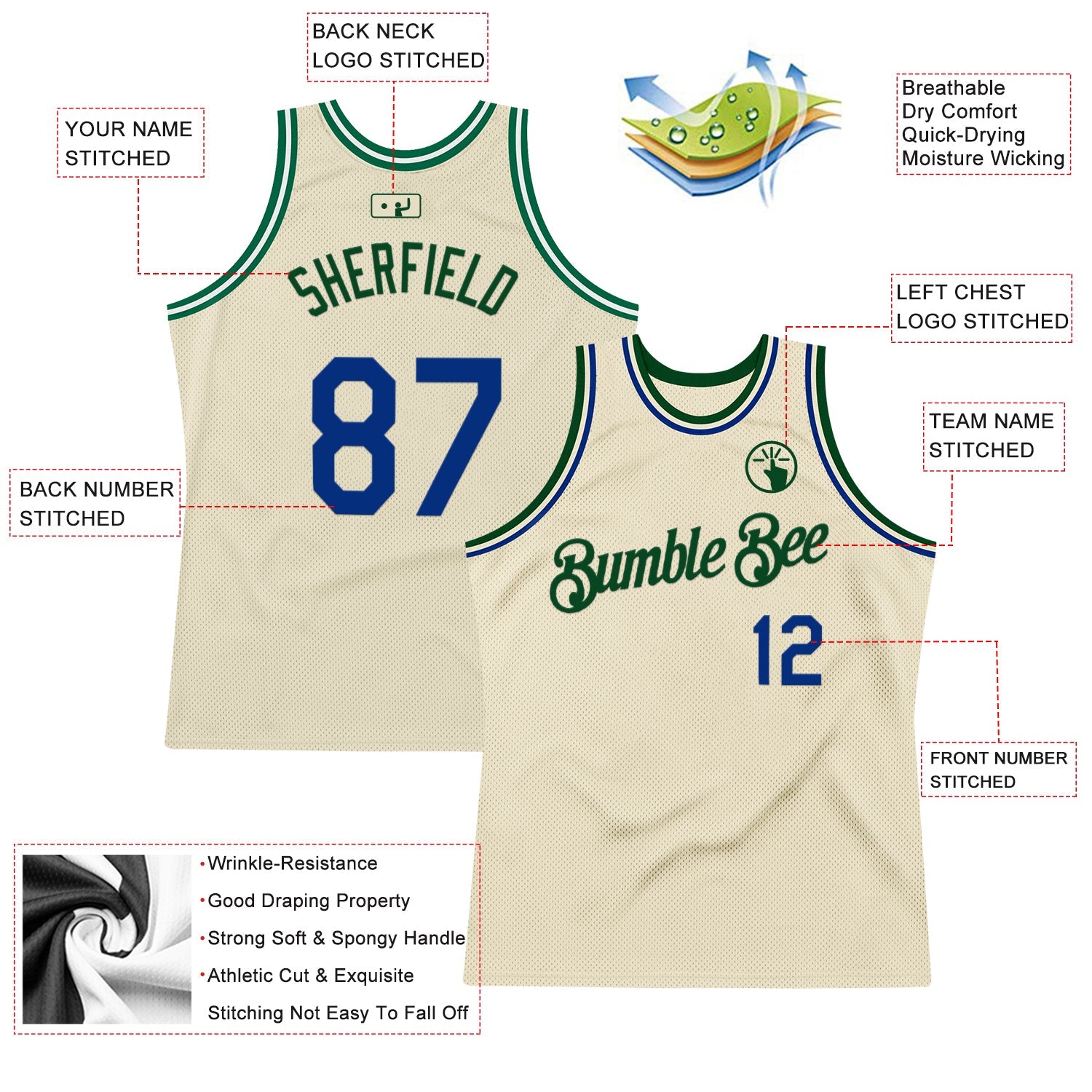 Custom Cream Royal-Green Authentic Throwback Basketball Jersey view 2