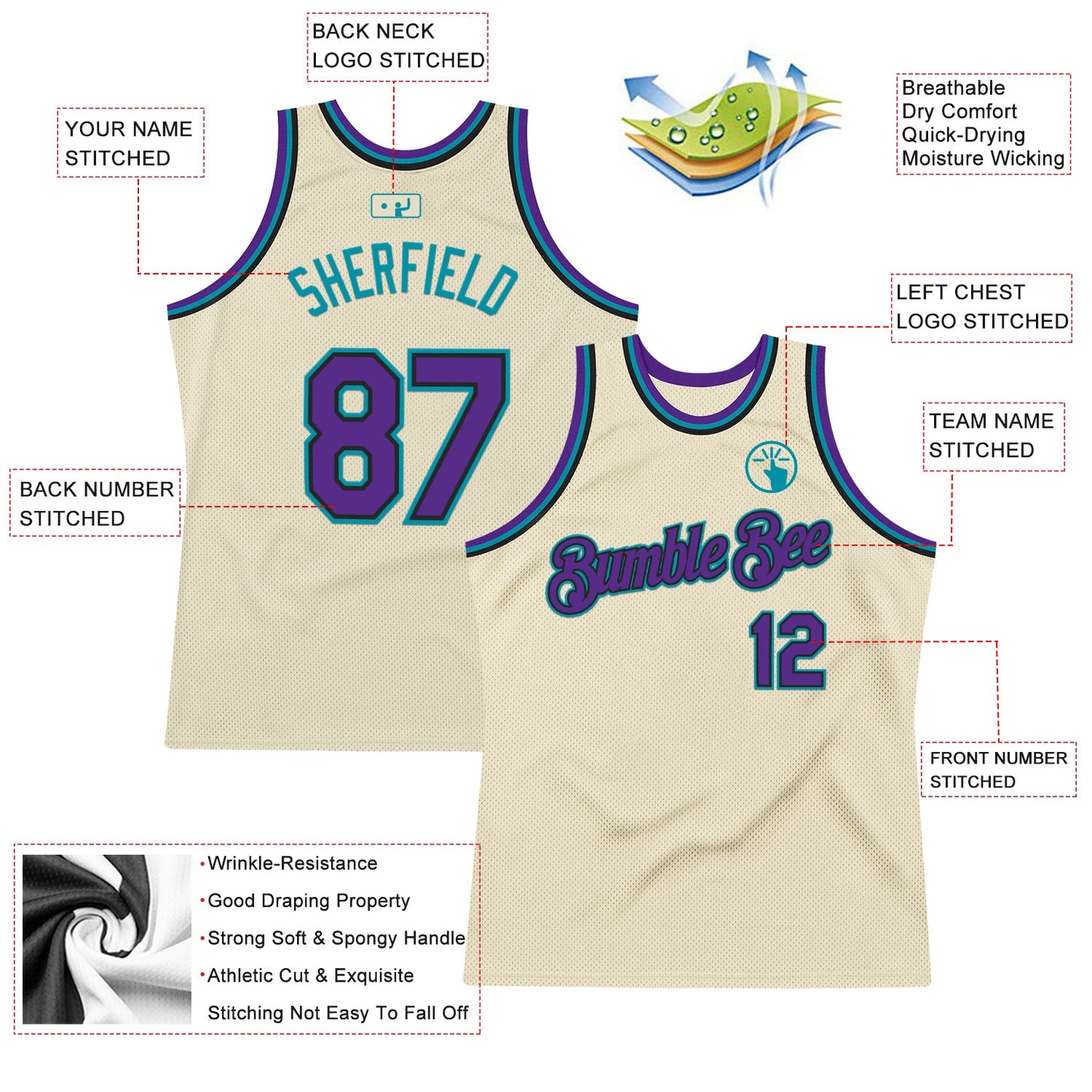 Custom Cream Purple Black-Teal Authentic Throwback Basketball Jersey view 2