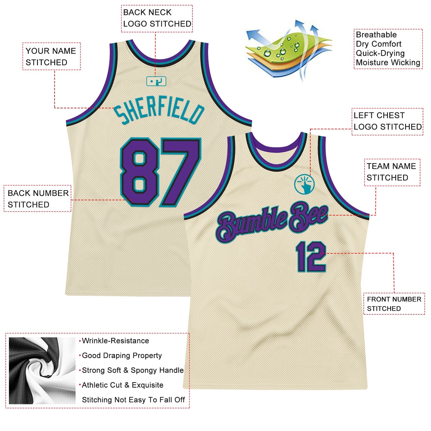 Custom Cream Purple Black-Teal Authentic Throwback Basketball Jersey view 2