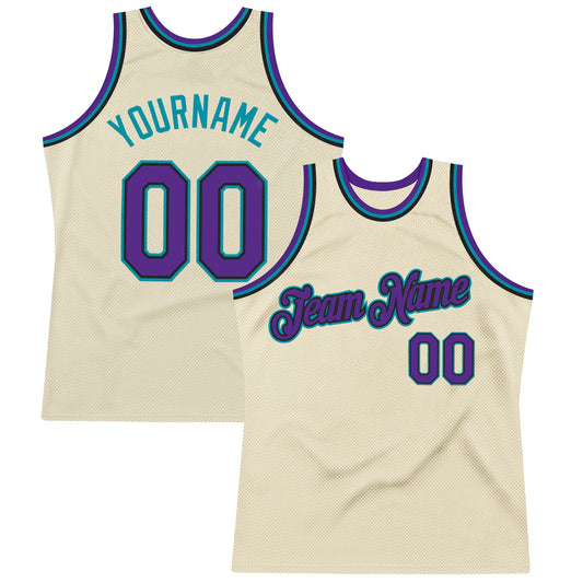 Custom Cream Purple Black-Teal Authentic Throwback Basketball Jersey - Main View