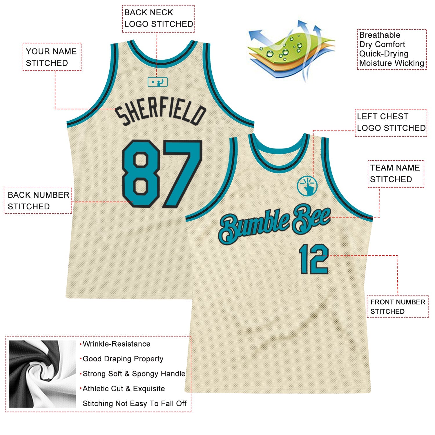 Custom Cream Teal-Black Authentic Throwback Basketball Jersey view 2