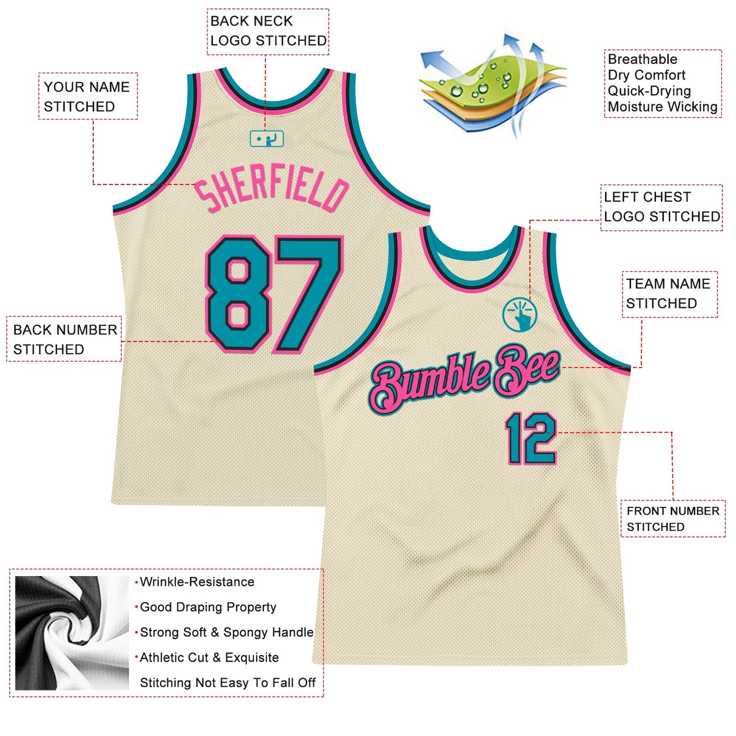Custom Cream Teal Black-Pink Authentic Throwback Basketball Jersey view 2