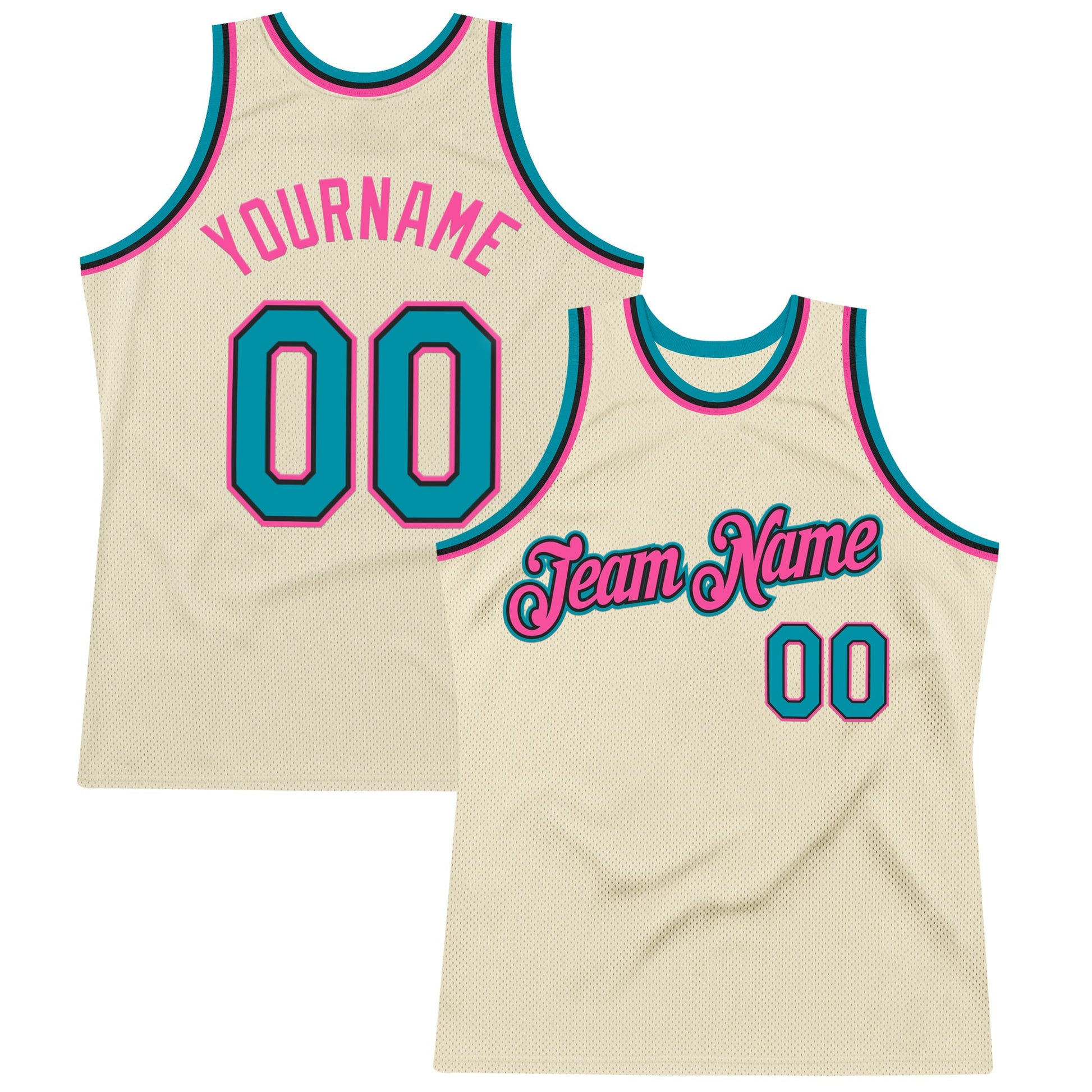 Custom Cream Teal Black-Pink Authentic Throwback Basketball Jersey - Main View