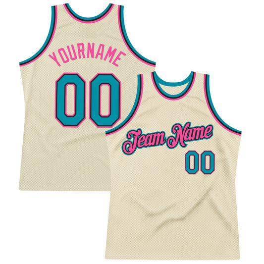 Custom Cream Teal Black-Pink Authentic Throwback Basketball Jersey - Main View