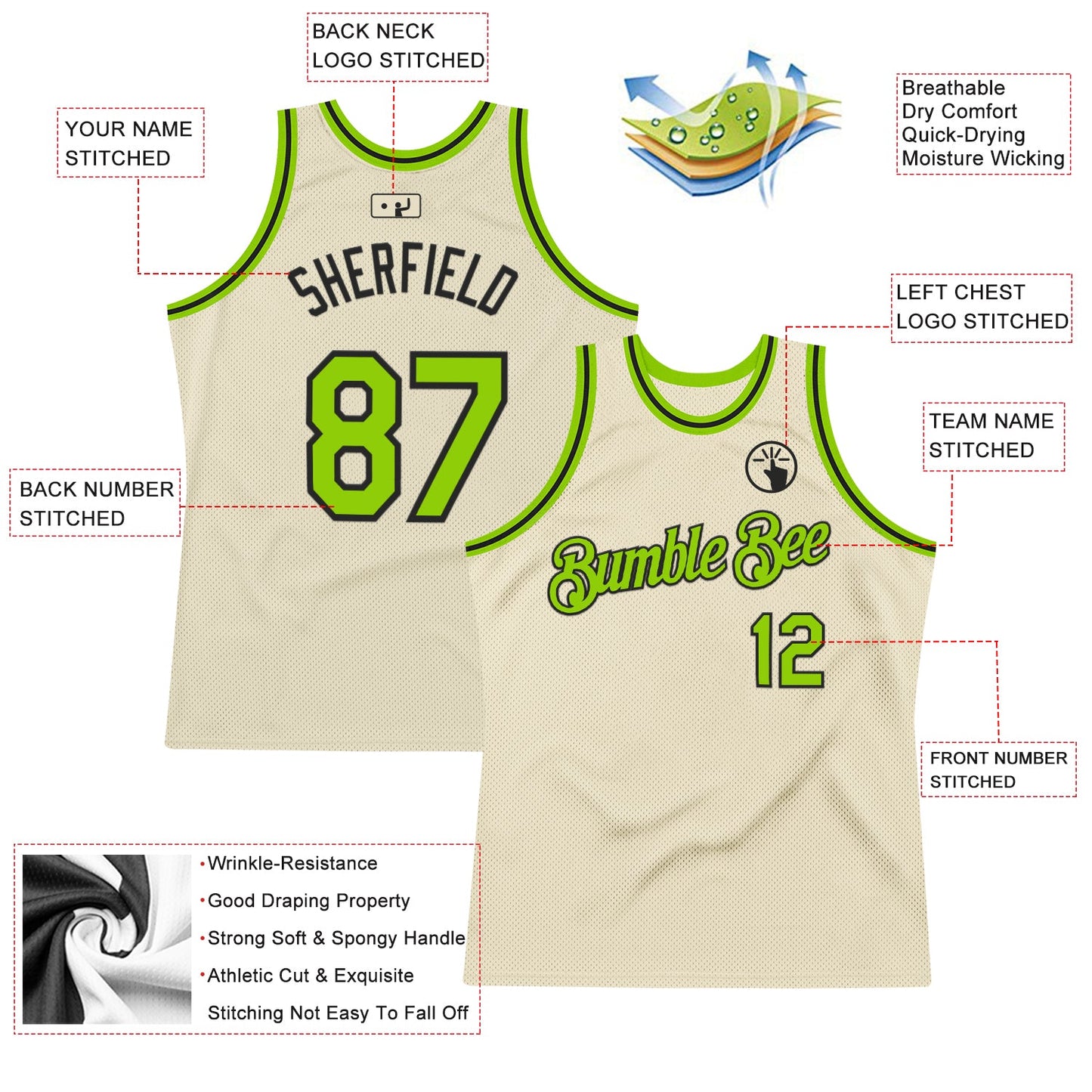 Custom Cream Neon Green-Black Authentic Throwback Basketball Jersey view 2
