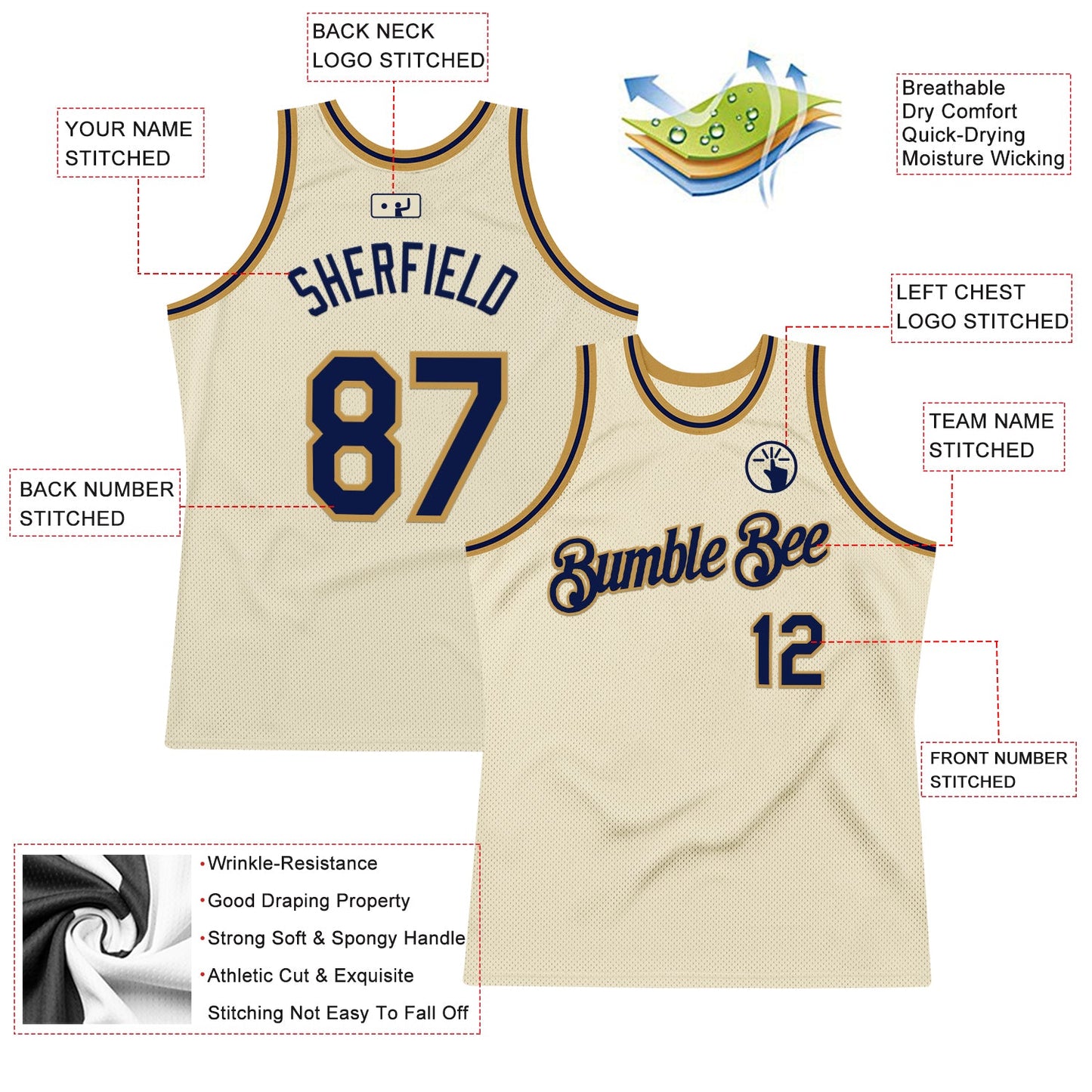 Custom Cream Navy-Old Gold Authentic Throwback Basketball Jersey view 2