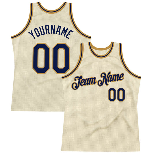 Custom Cream Navy-Old Gold Authentic Throwback Basketball Jersey - Main View